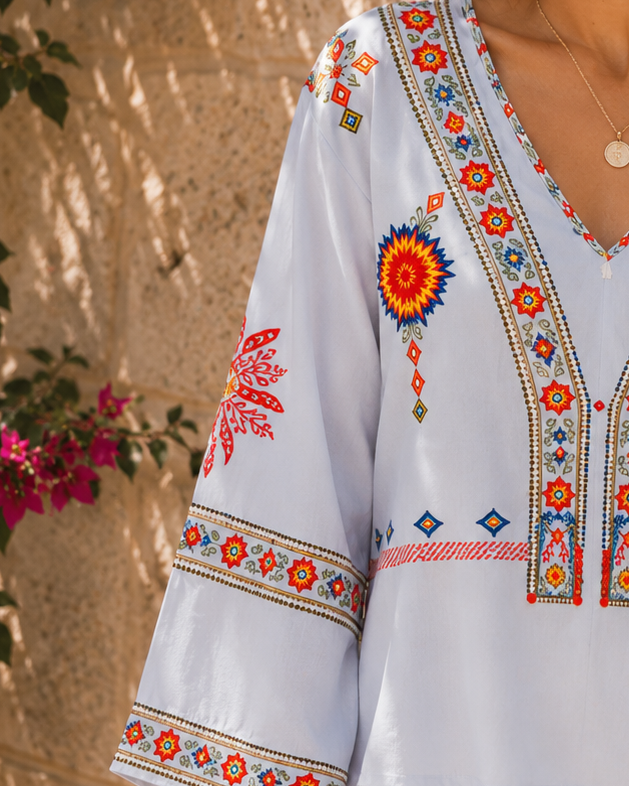 Penelope | Bohemian Embroidered Summer Blouse with V-Neck - Lumina
