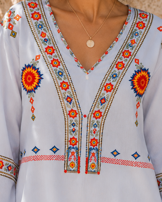Penelope | Bohemian Embroidered Summer Blouse with V-Neck - Lumina