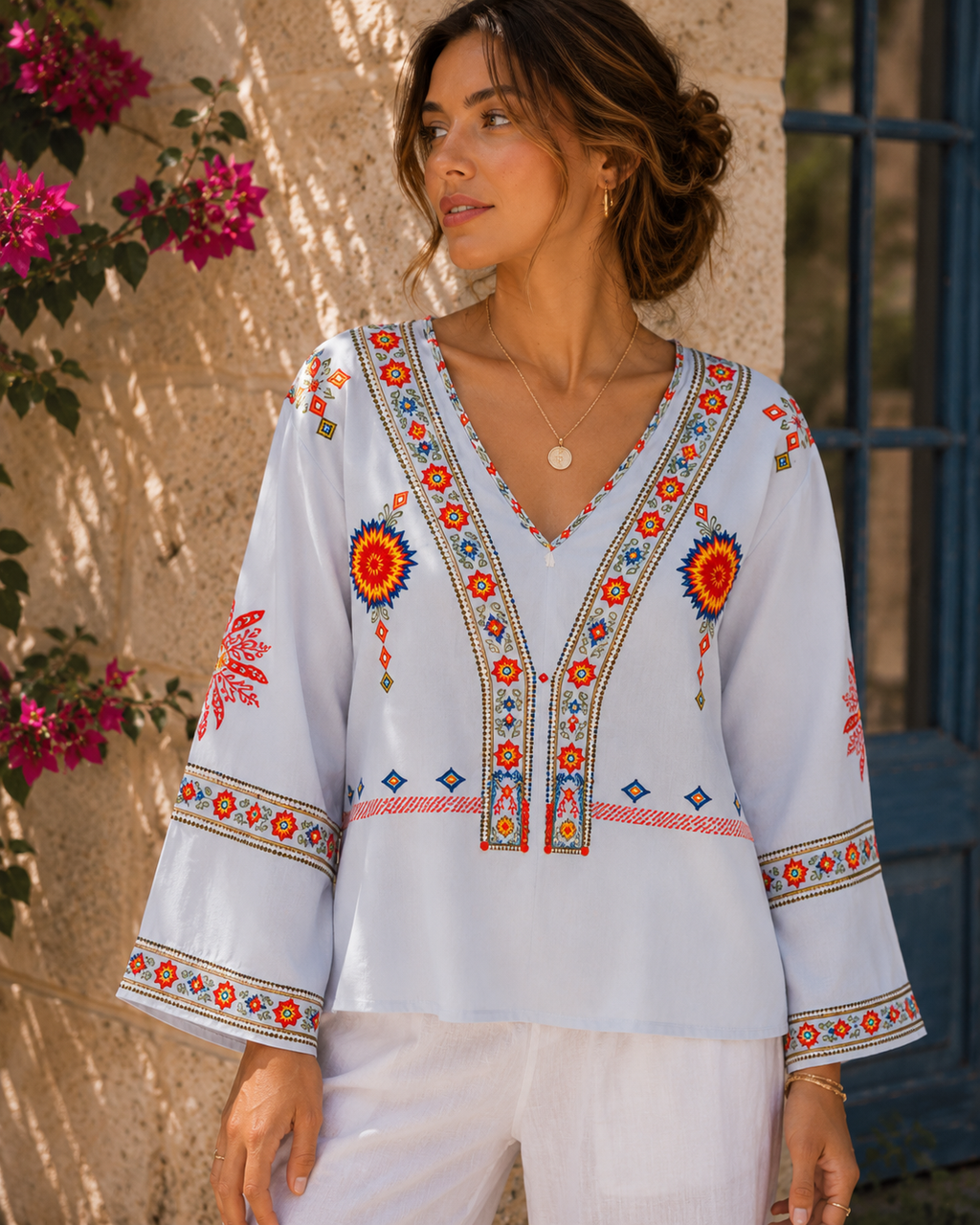 Penelope | Bohemian Embroidered Summer Blouse with V-Neck - Lumina