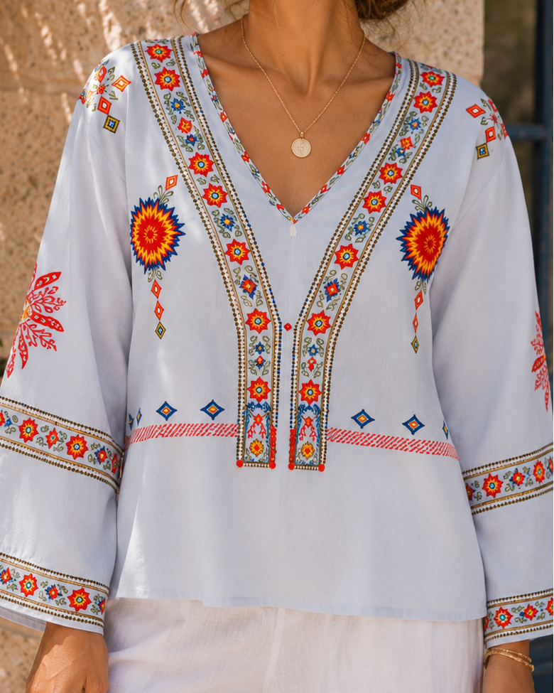 Penelope | Bohemian Embroidered Summer Blouse with V-Neck - Lumina