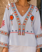 Penelope | Bohemian Embroidered Summer Blouse with V-Neck - Lumina