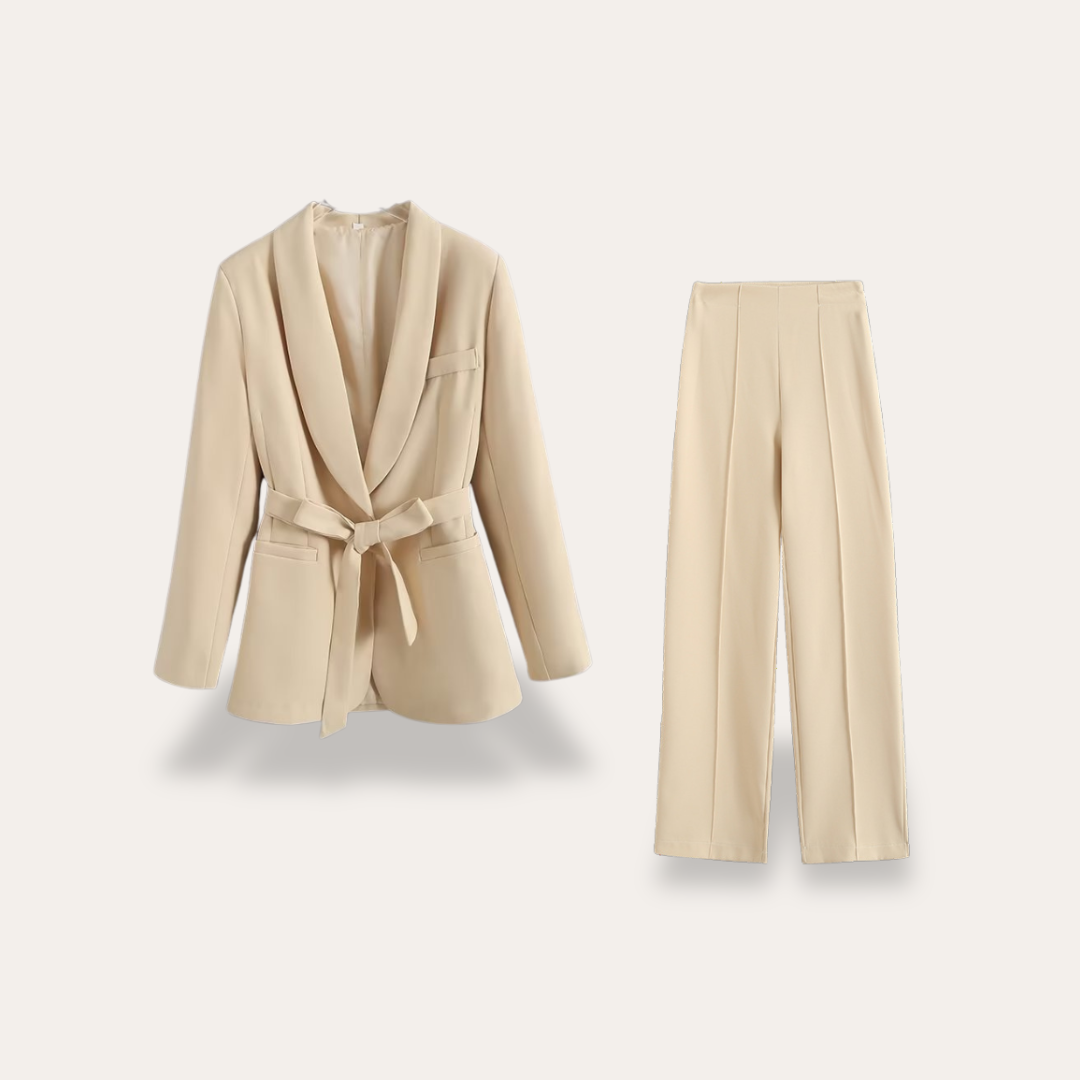 Hazel | Elegant Belted Blazer & Wide Leg Trousers Set for Women - Lumina