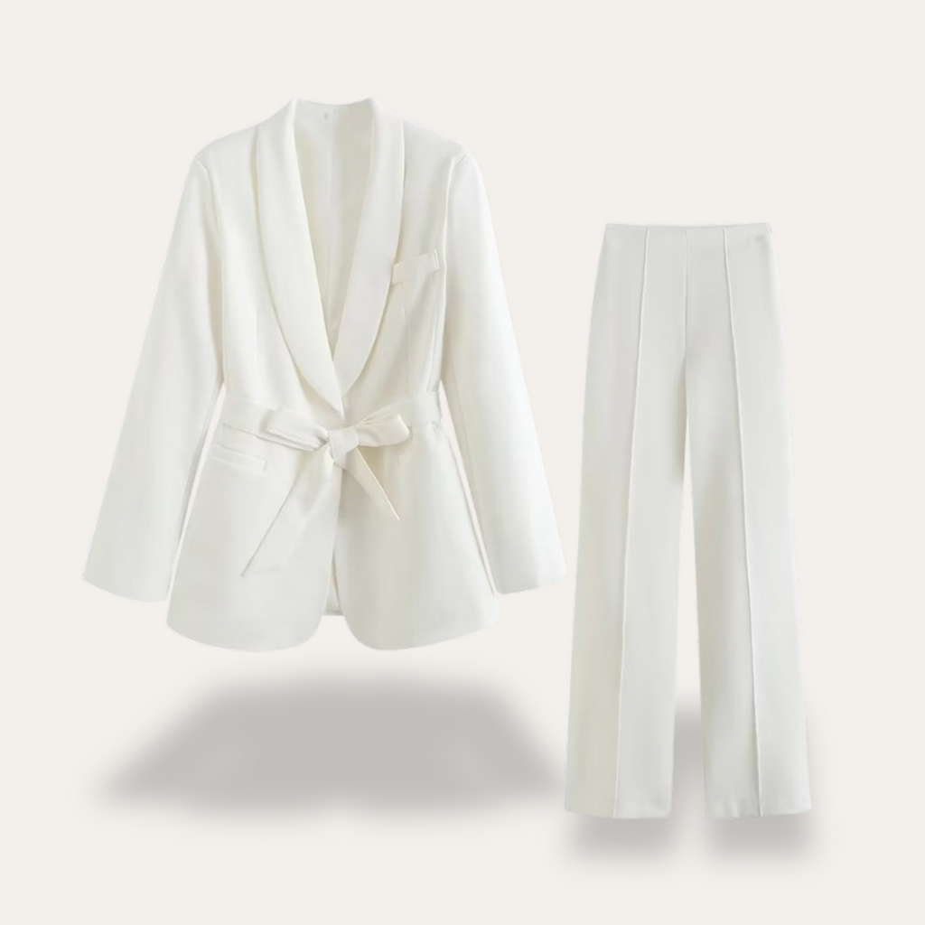 Hazel | Elegant Belted Blazer & Wide Leg Trousers Set for Women - Lumina