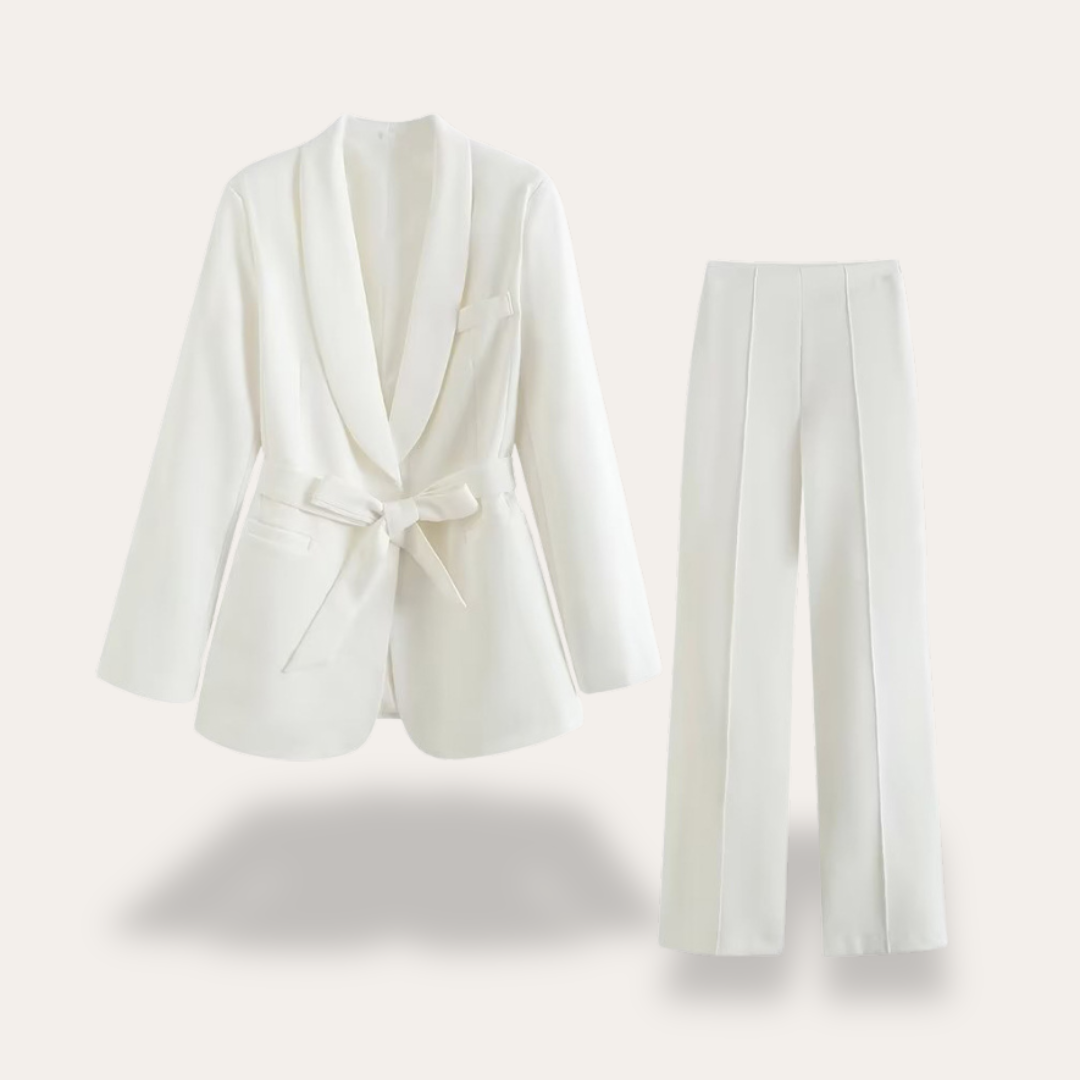 Hazel | Elegant Belted Blazer & Wide Leg Trousers Set for Women - Lumina