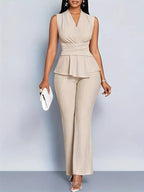 Isabella | Elegant Peplum Top with Flowing Trousers + Two Piece Pants Set - Lumina