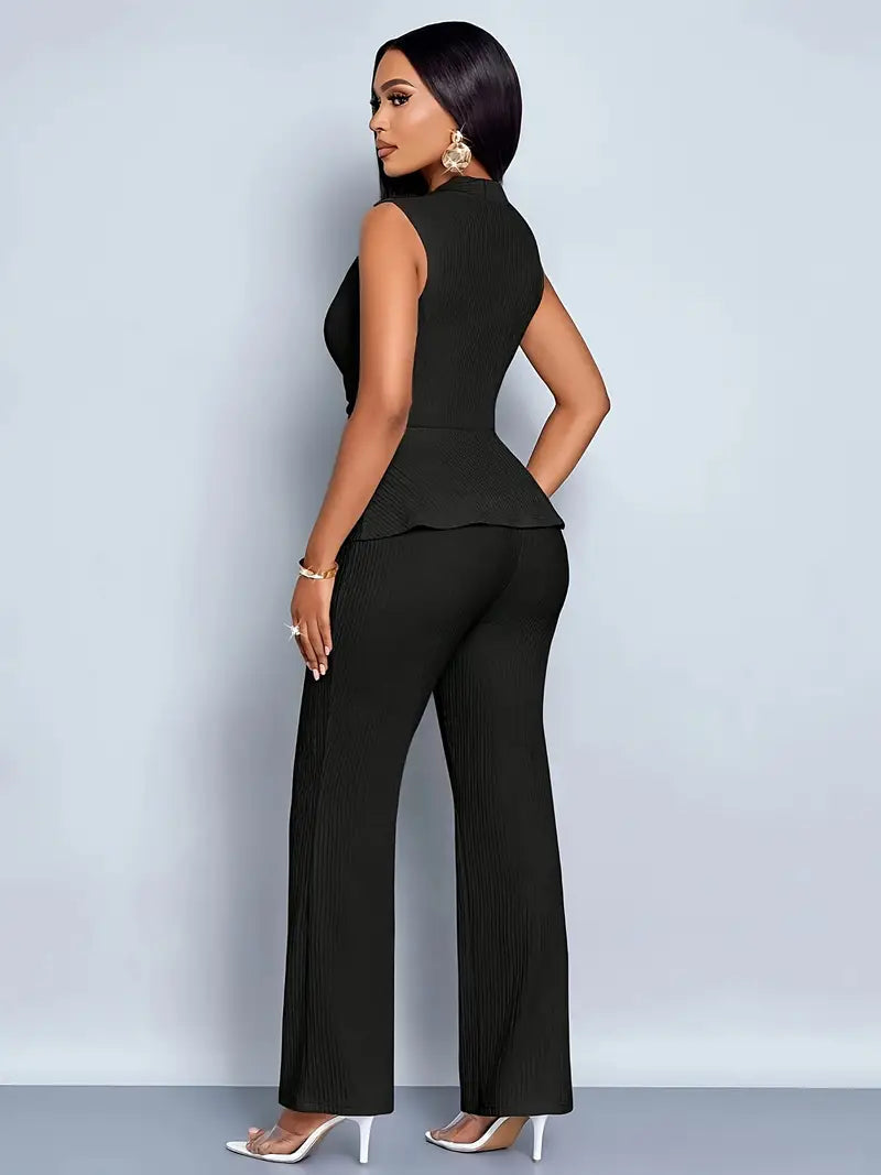 Isabella | Elegant Peplum Top with Flowing Trousers + Two Piece Pants Set - Lumina