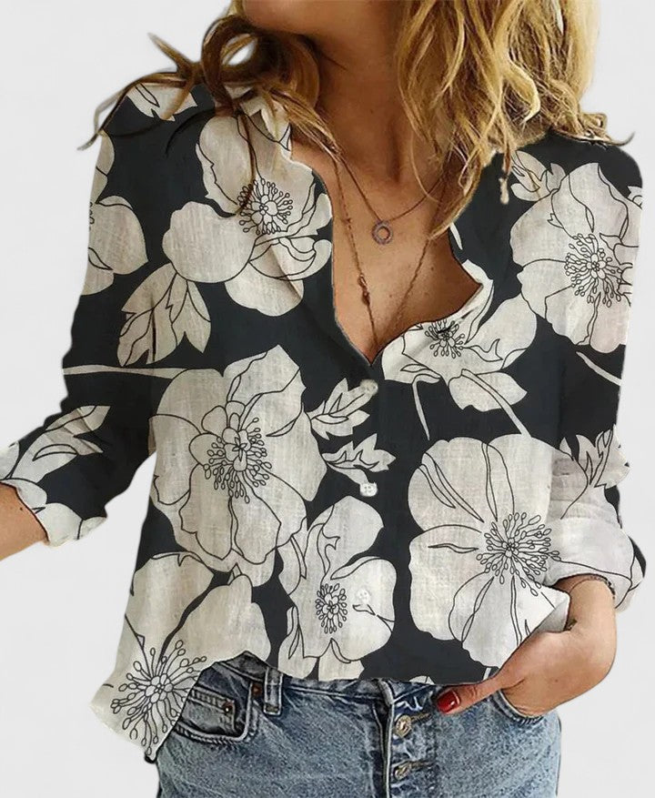 Isabella | Relaxed V Neck Blouse with Button Front - Lumina