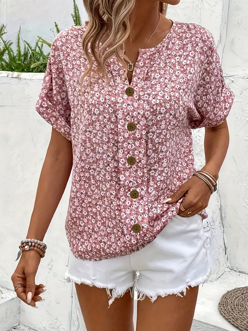 Joanna | Relaxed Floral Blouse with Button Front - Lumina