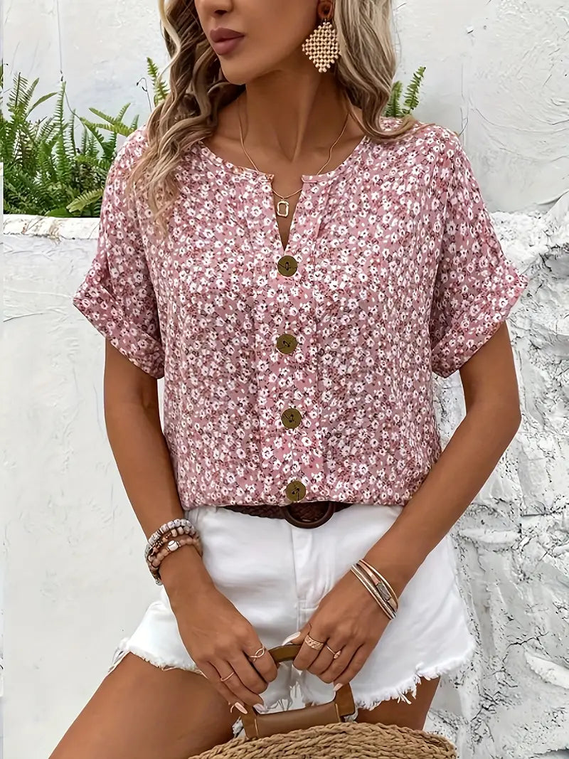 Joanna | Relaxed Floral Blouse with Button Front - Lumina