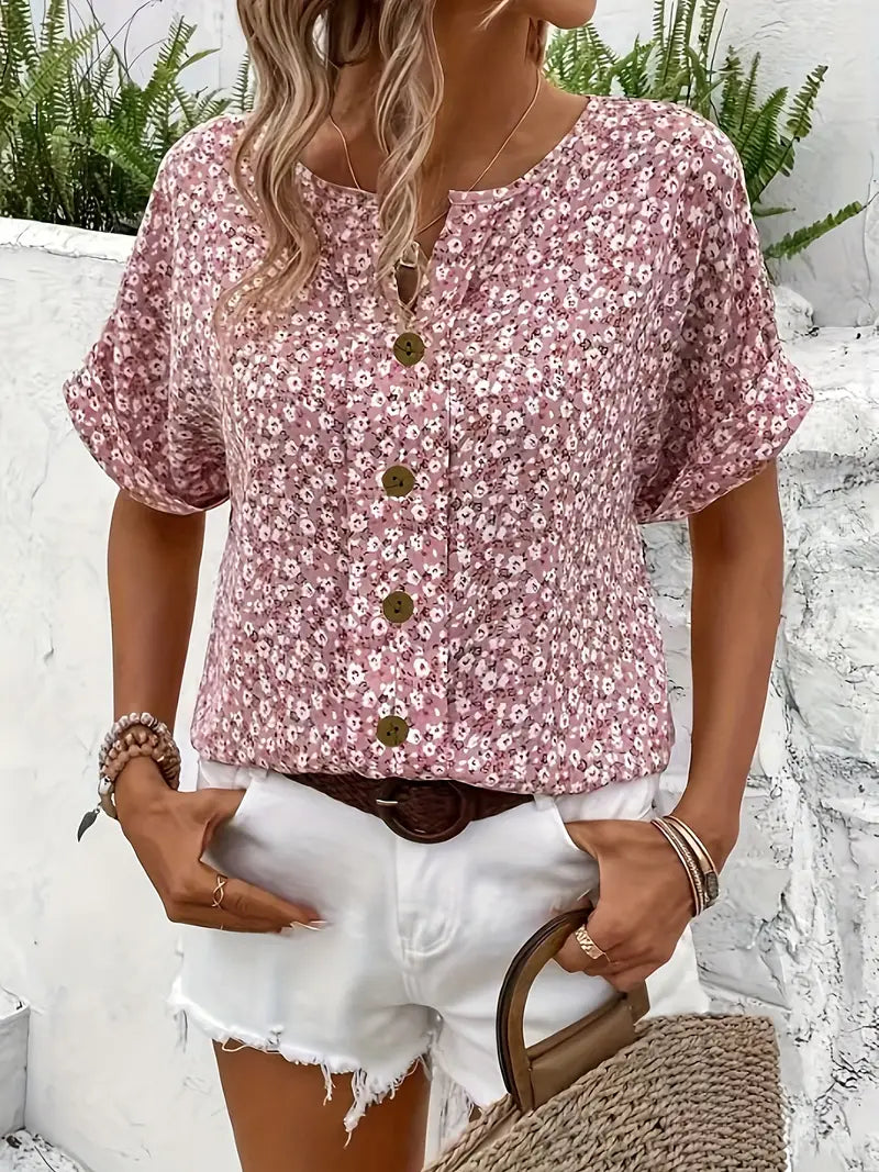 Katie | Relaxed Printed Button Top with Feminine Touch - Lumina