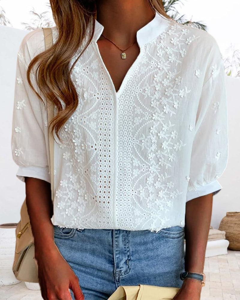 Serena | Elegant Puff Sleeve Blouse with V Neckline - Lumina