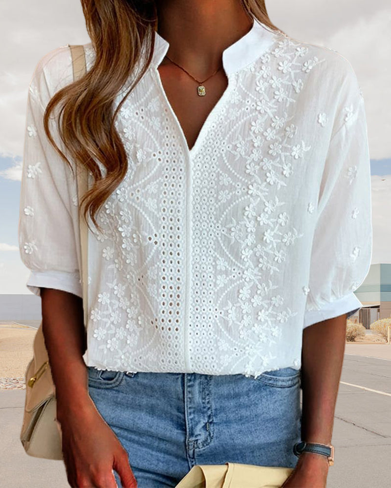 Serena | Elegant Puff Sleeve Blouse with V Neckline - Lumina