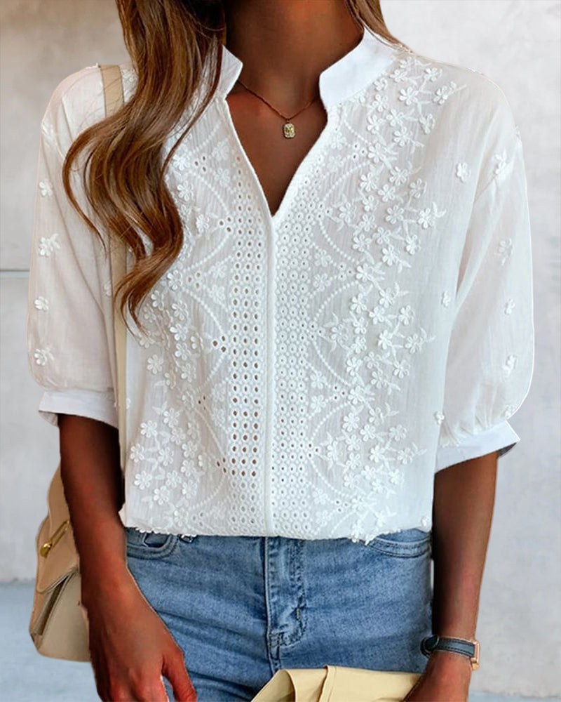 Serena | Elegant Puff Sleeve Blouse with V Neckline - Lumina
