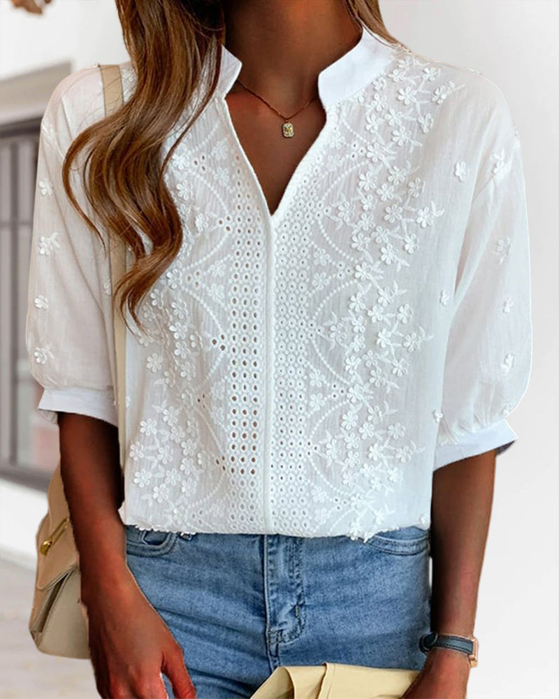 Serena | Elegant Puff Sleeve Blouse with V Neckline - Lumina