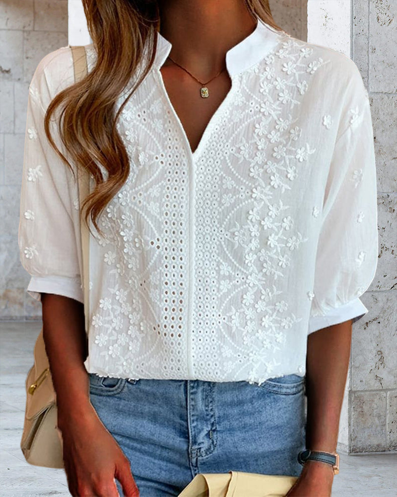 Serena | Elegant Puff Sleeve Blouse with V Neckline - Lumina