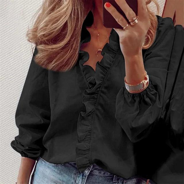 Serena | Elegant Ruffle Detail Blouse with V Neck - Lumina