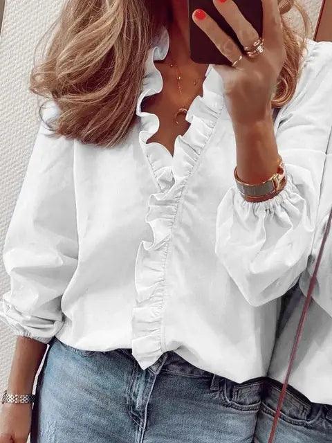 Serena | Elegant Ruffle Detail Blouse with V Neck - Lumina