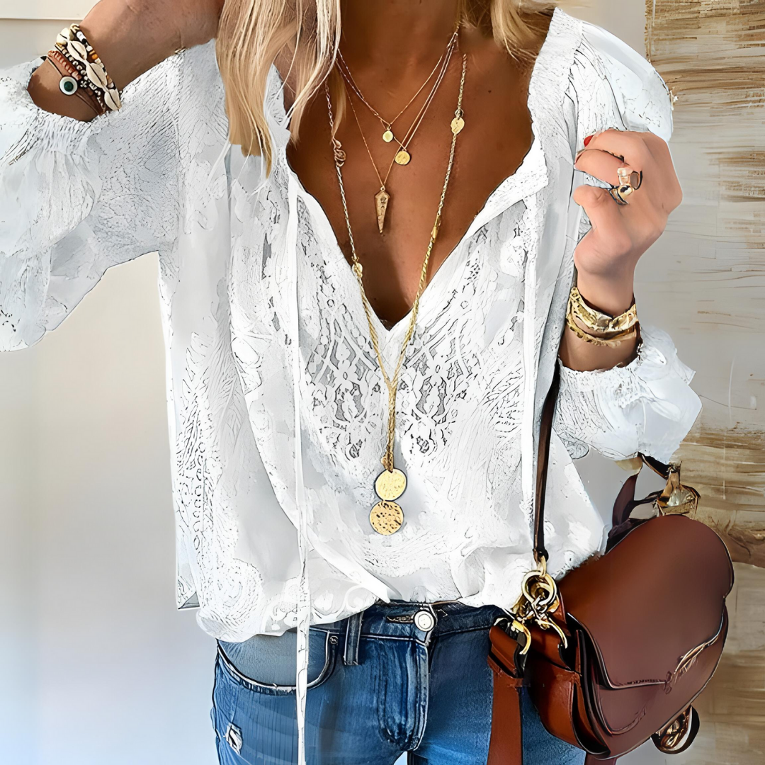 Victoria | Elegant Bohemian V-Neck Blouse with Decorative Detailing - Lumina