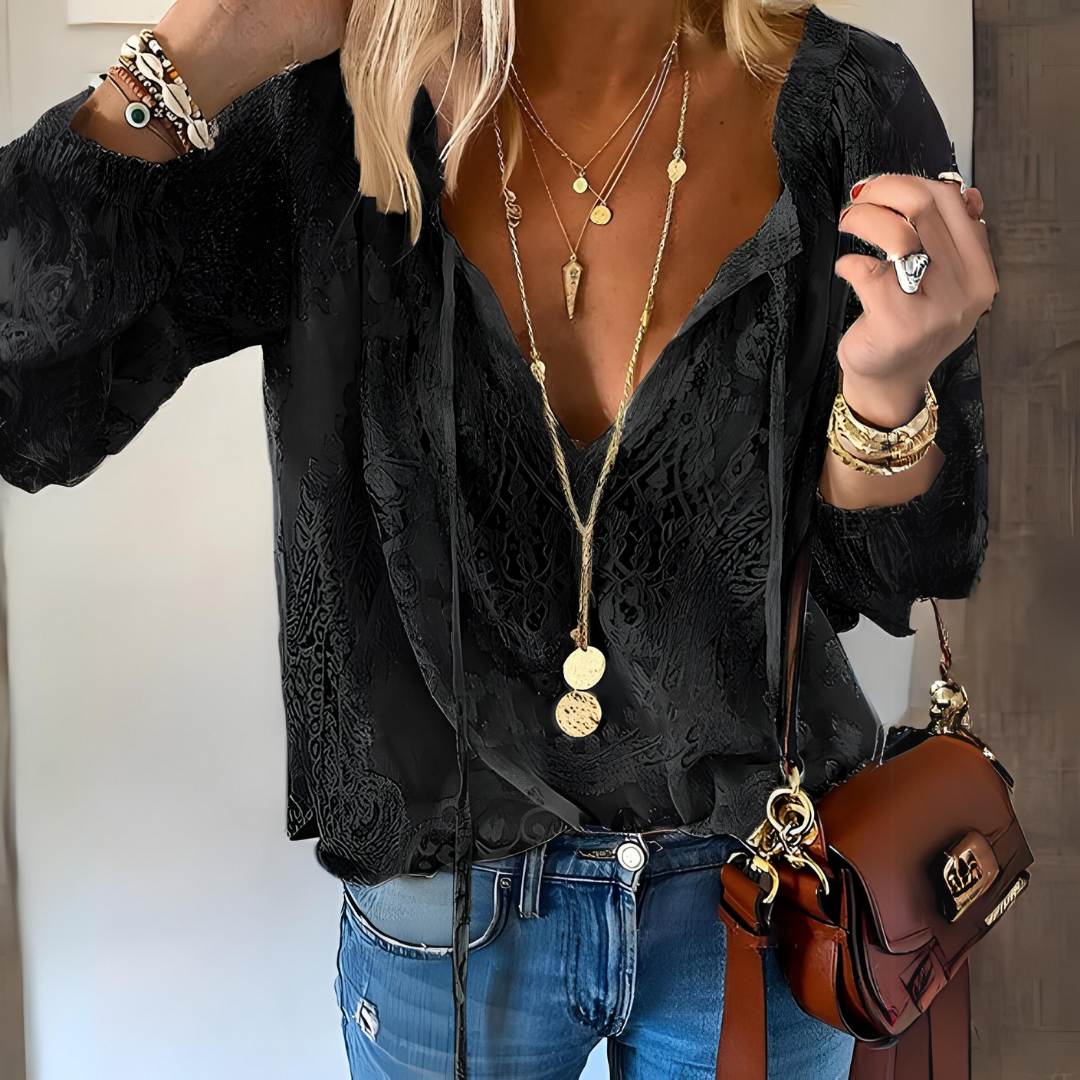 Victoria | Elegant Bohemian V-Neck Blouse with Decorative Detailing - Lumina