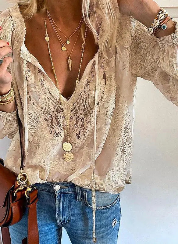 Victoria | Elegant Bohemian V-Neck Blouse with Decorative Detailing - Lumina