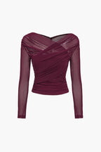 Victoria | Elegant Ruched Mesh Top with Long Sleeves - Lumina