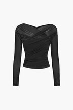Victoria | Elegant Ruched Mesh Top with Long Sleeves - Lumina