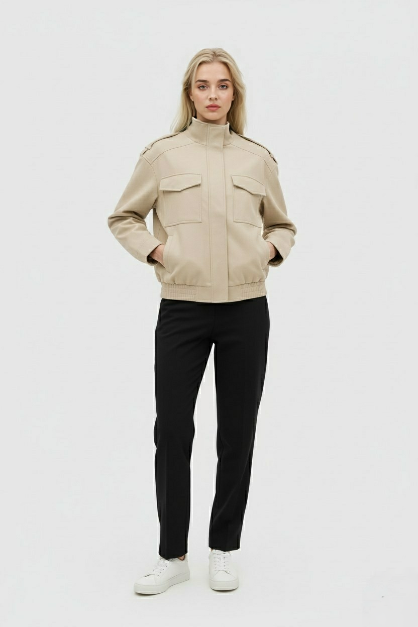 Victoria | Stylish Beige Bomber Jacket with Stand Collar - Lumina