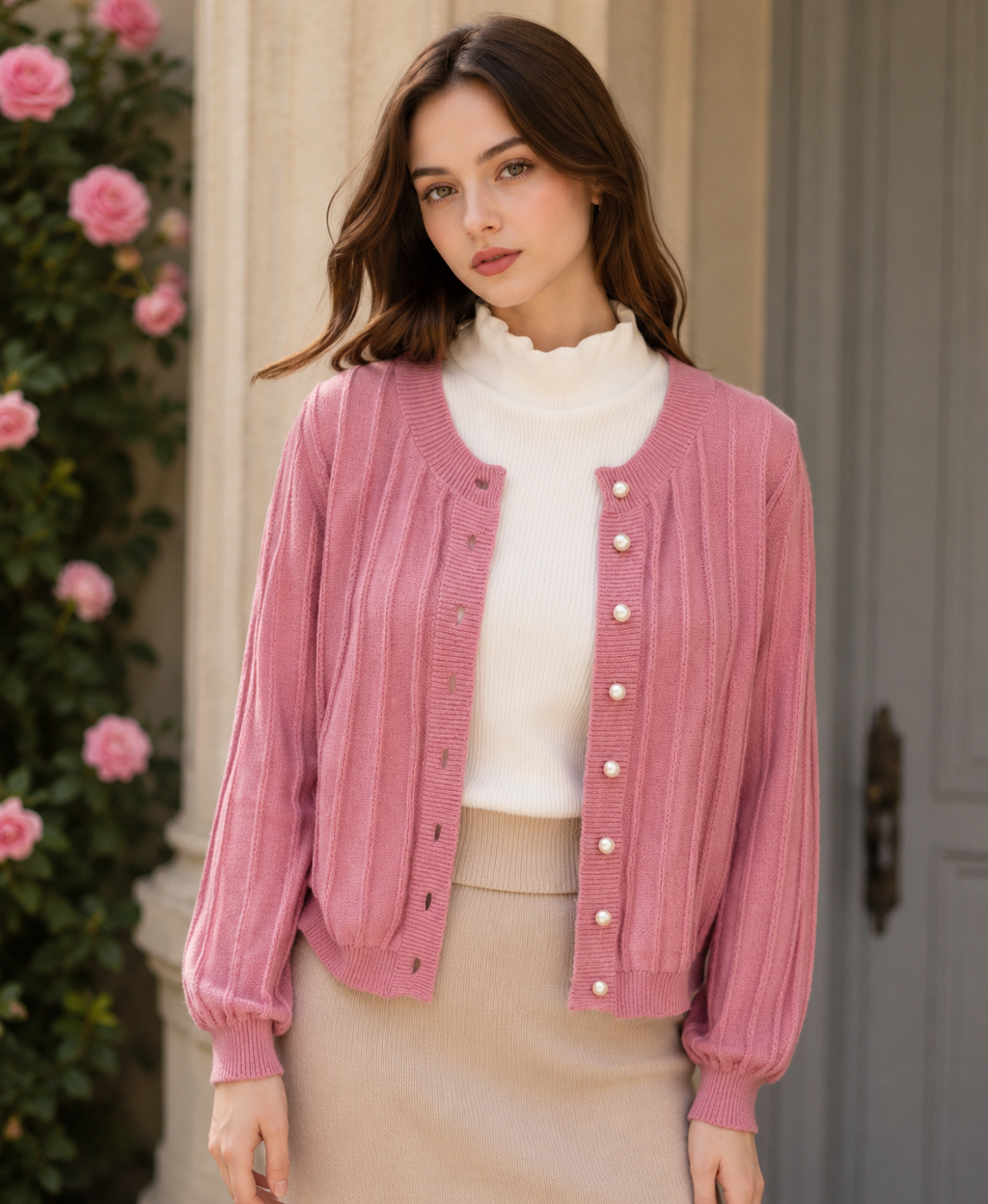 Sophia | Cozy Pink Knit Cardigan with Open Front - Lumina