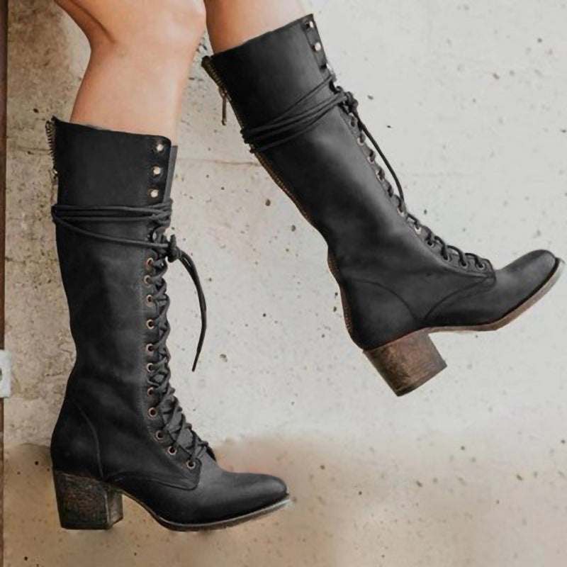 Amelia | Edgy Lace-Up Black Knee High Boots with Block Heel - Lumina