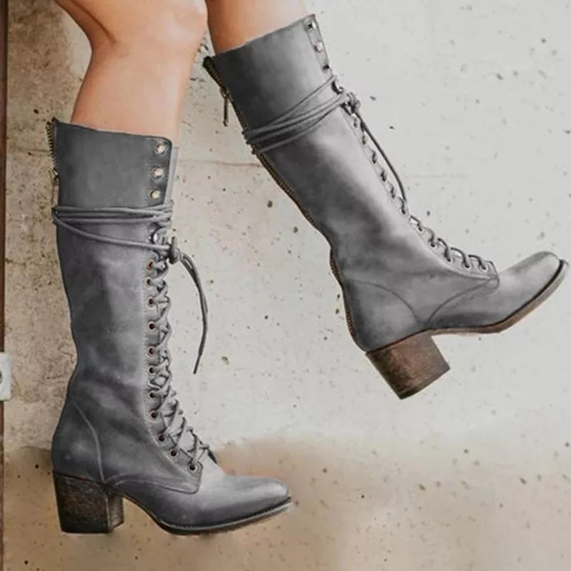 Amelia | Edgy Lace-Up Black Knee High Boots with Block Heel - Lumina