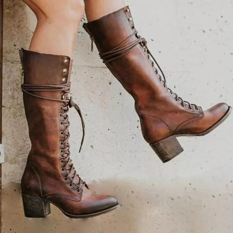 Amelia | Edgy Lace-Up Black Knee High Boots with Block Heel - Lumina