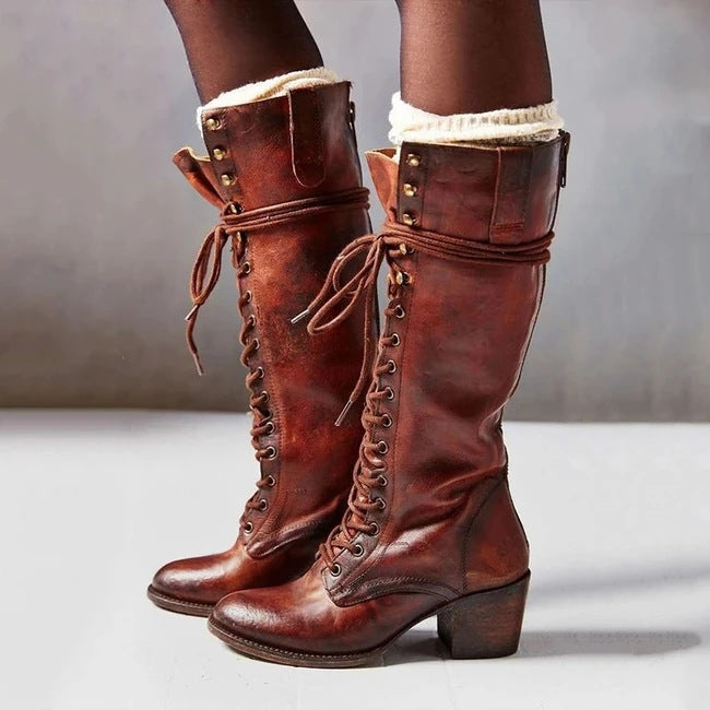 Amelia | Edgy Lace-Up Black Knee High Boots with Block Heel - Lumina