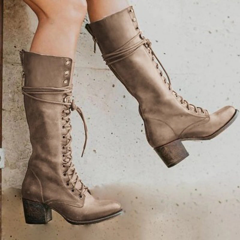 Amelia | Edgy Lace-Up Black Knee High Boots with Block Heel - Lumina