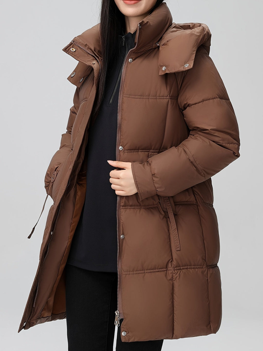 Amelia | Stylish Hooded Longline Puffer Coat with Belt - Lumina
