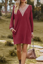 Aria | Casual Dress with V-Neck Lace Trim - Lumina