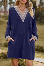 Aria | Casual Dress with V-Neck Lace Trim - Lumina