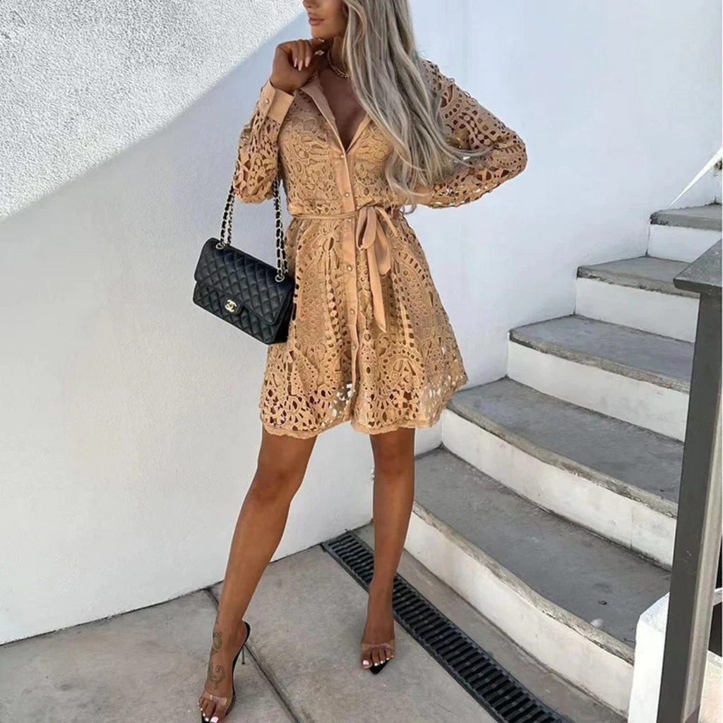 Aurora | Knee-Length Lace Dress Belted - Lumina