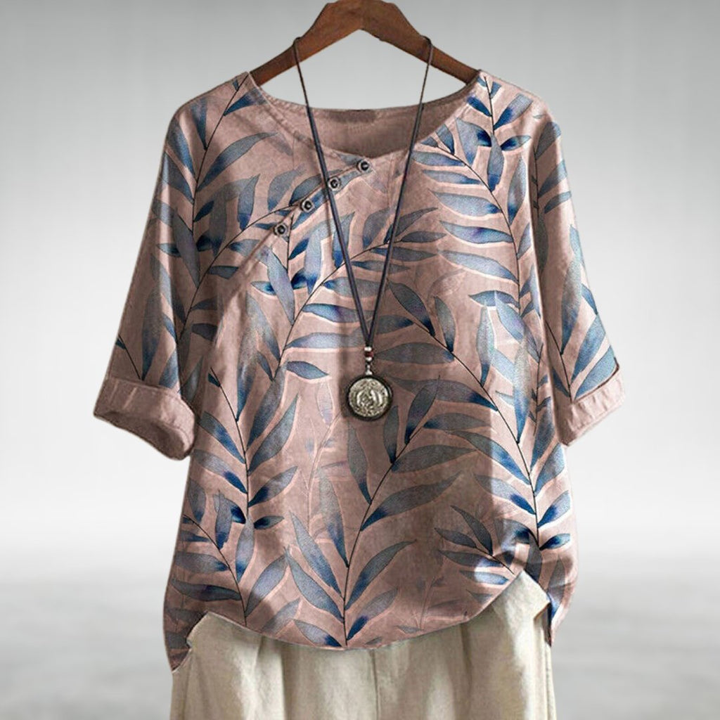 Charlotte | Breezy Leaf Print Blouse with Button-Up Design - Lumina