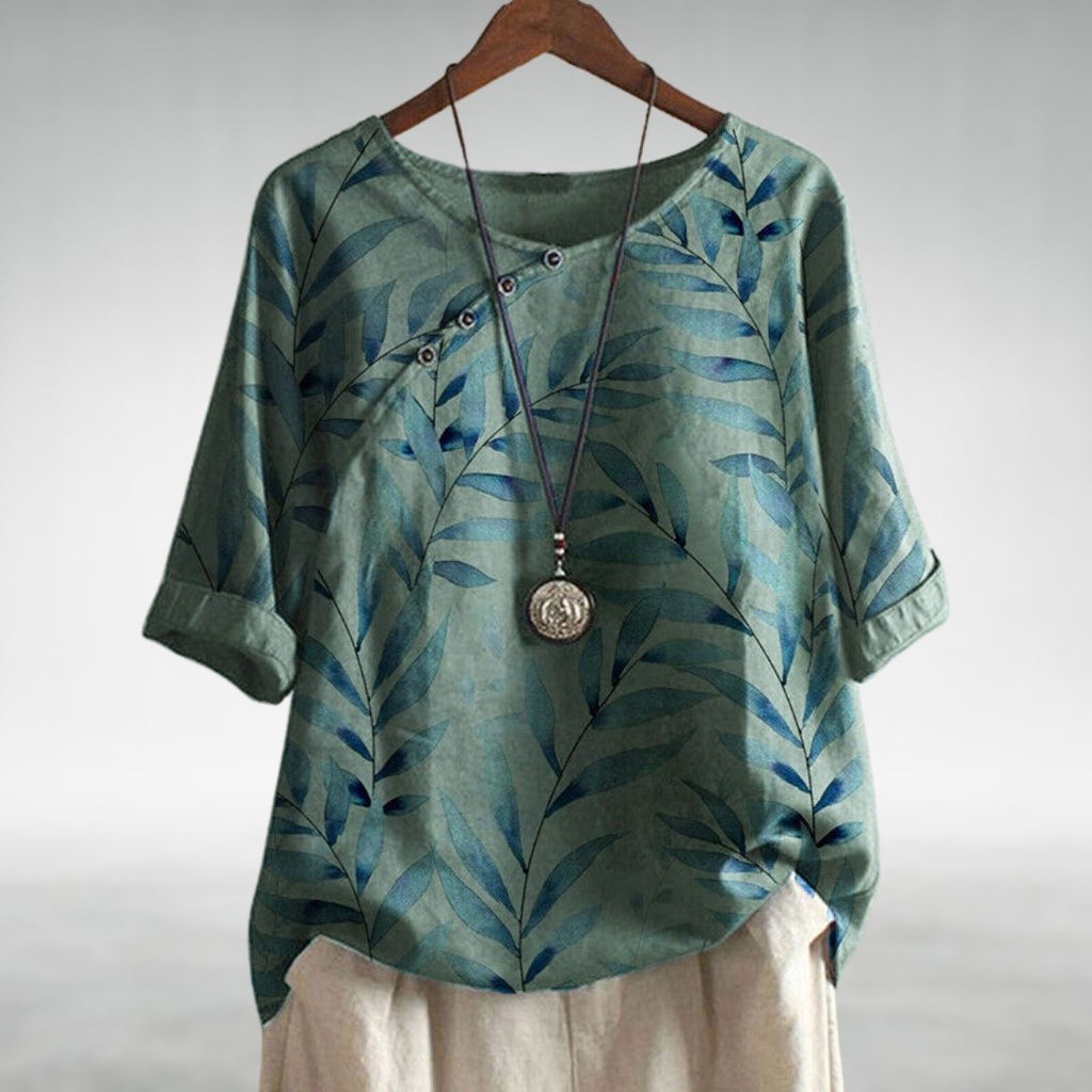 Charlotte | Breezy Leaf Print Blouse with Button-Up Design - Lumina