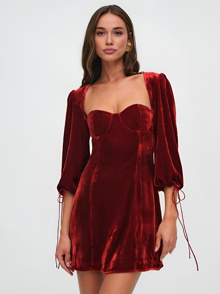 Crimson Dawn | Mini Dress Velvet Puff - Lumina