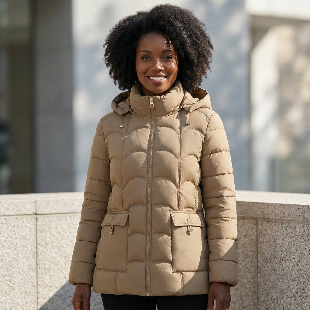 Eleanor | Sculpted Belted Hooded Puffer Jacket with Scallop Quilting - Lumina