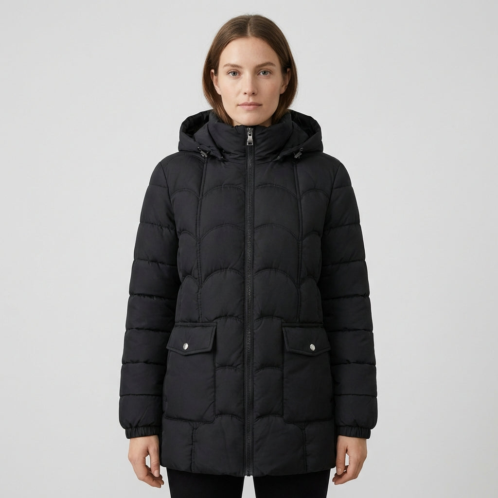 Eleanor | Sculpted Belted Hooded Puffer Jacket with Scallop Quilting - Lumina
