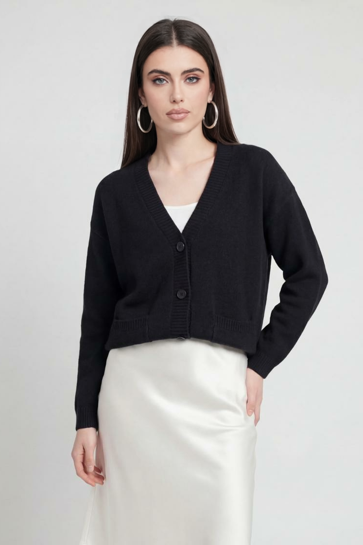 Elena | Cozy Black Knit Cardigan with Ribbed Details - Lumina