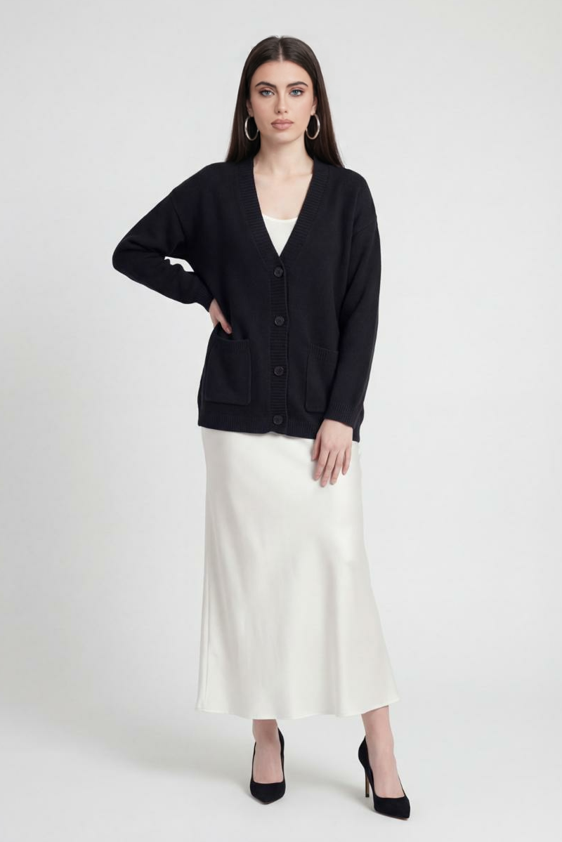 Elena | Cozy Black Knit Cardigan with Ribbed Details - Lumina