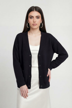 Elena | Cozy Black Knit Cardigan with Ribbed Details - Lumina