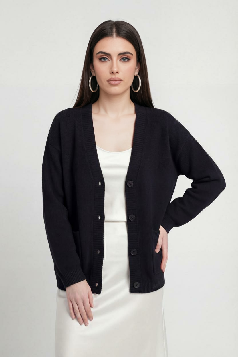 Elena | Cozy Black Knit Cardigan with Ribbed Details - Lumina
