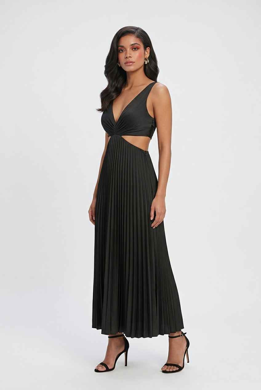 Elena | Elegant Black Pleated Dress with Flattering Silhouette - Lumina