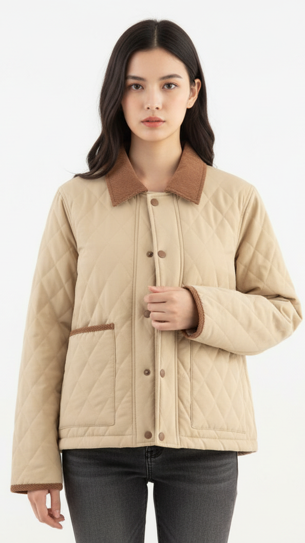 Elena | Quilted Cropped Jacket with Corduroy Collar in Beige - Lumina