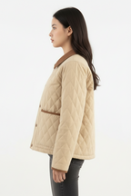 Elena | Quilted Cropped Jacket with Corduroy Collar in Beige - Lumina