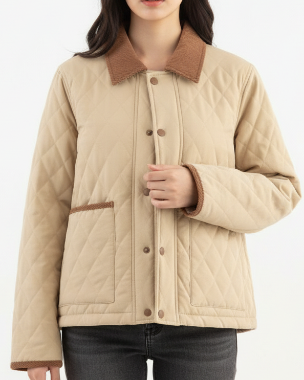 Elena | Quilted Cropped Jacket with Corduroy Collar in Beige - Lumina